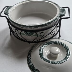 Vintage Green & White Heavy Farmhouse Style Heart Ceramic Casserole w/ Stand